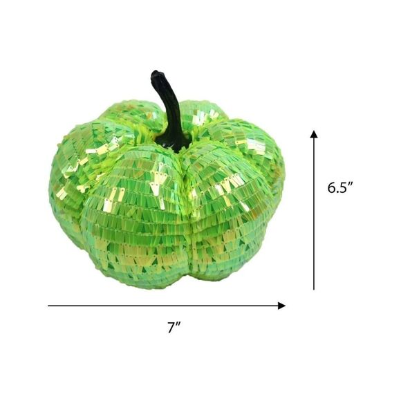 Lime Green Sequin Pumpkin Tabletop Decor Spooky Halloween Decoration 6.5in, New - Picture 2 of 5